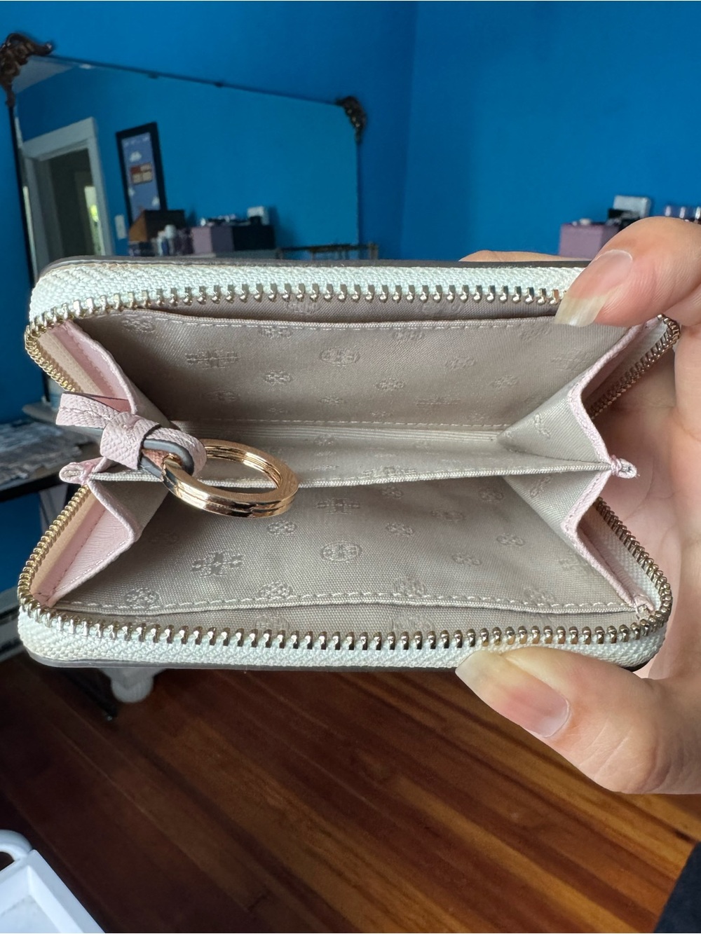Tory Burch White Zip Wallet with Light Blue Floral Print and Pink Cloud Accents - Picture 5 of 6